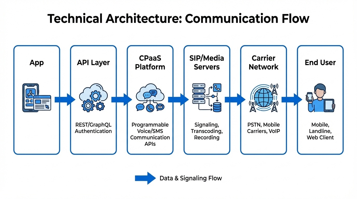 Technical architecture diagram showing the communication flow from application to end user through six layers: App connects to API Layer, which routes to CPaaS Platform, then to SIP/Media Servers, through Carrier Network, and finally reaches the End User. The diagram uses a left-to-right flow with connected boxes in a blue and white color scheme.